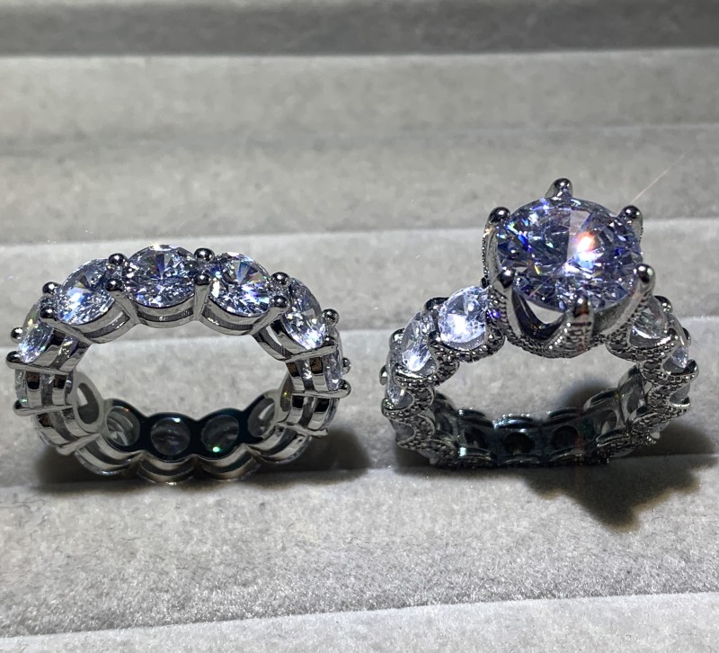 Hip Hop Luxury Jewelry 925 Sterling Silver Round Cut Big White Topaz CZ Diamond SONA Couple Rings Women Wedding Bridal Ring Set For Lover