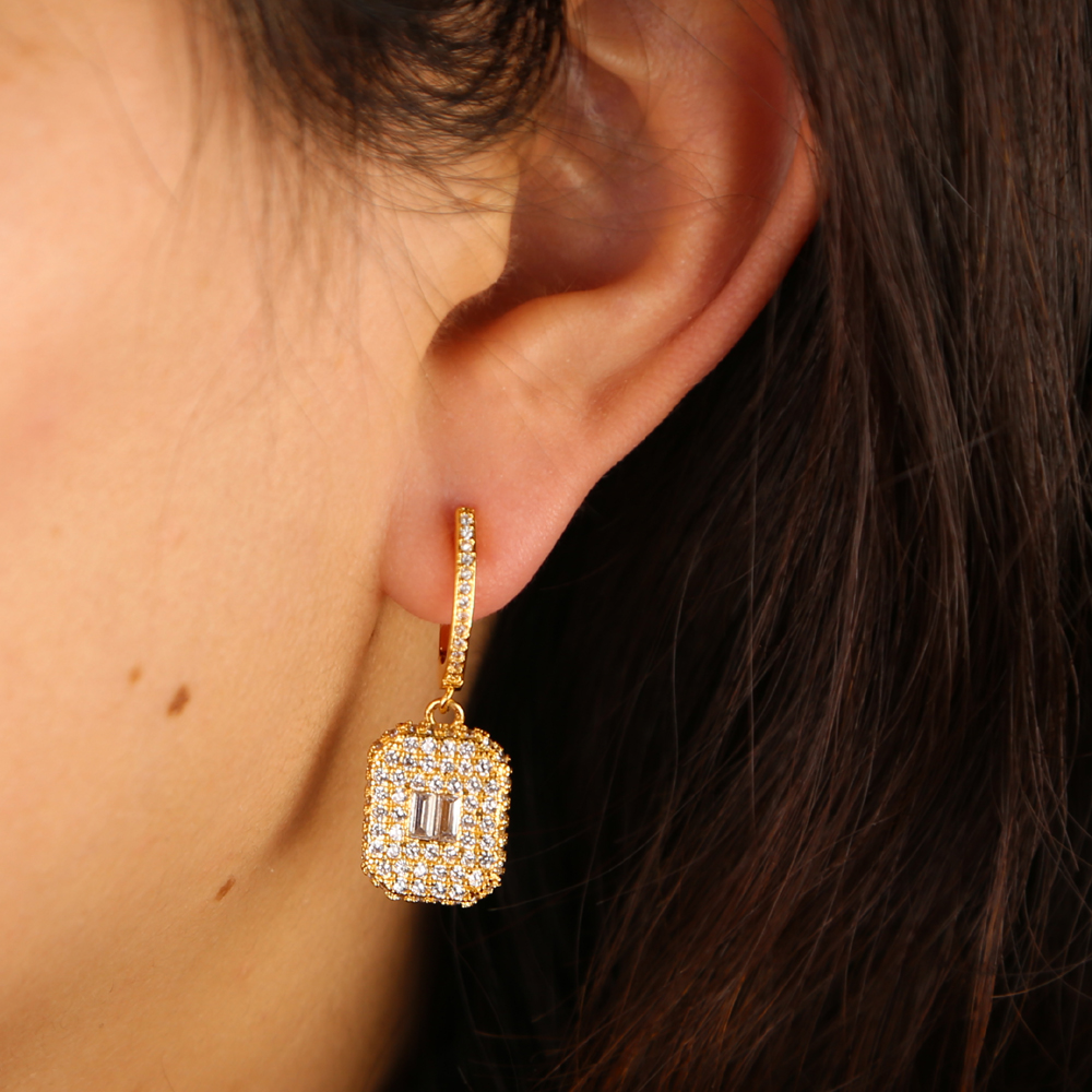 micro pave cz iced out women earring prong setting White Green cubic zirconia dangle earrings