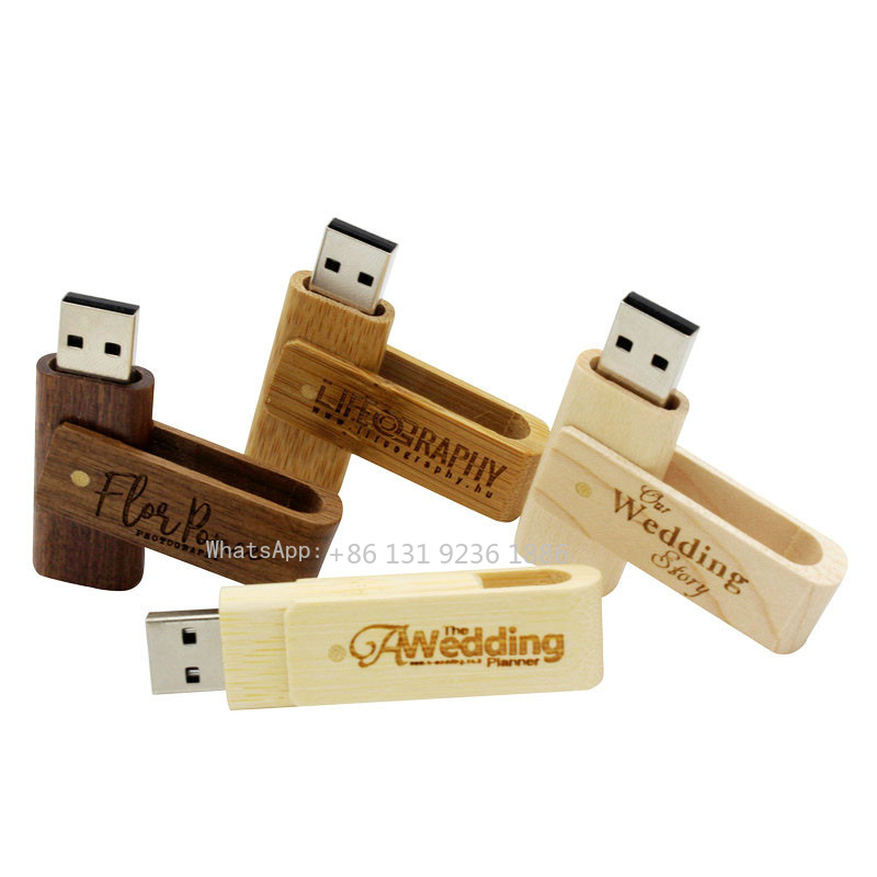 Free Custom Logo Natural Walnut USB Flash Drive 64g Swivel Usb with Square Box 4GB/8GB/16GB/32GB/128GB Memory Wood Flash Stick