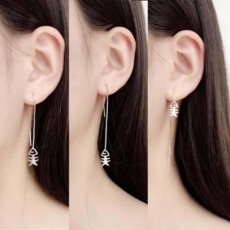 Cat and fish bone long chain earrings earrings two sterling silver Valentine's Day gift ladies