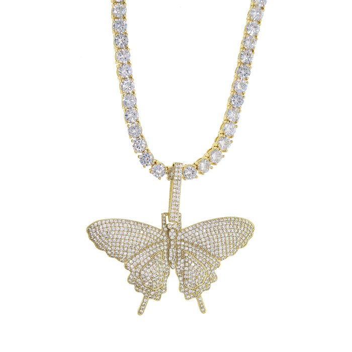 iced out sparking bling hip hop women men jewelry 5mm cz tennis chain gold silver pink cz butterfly necklace