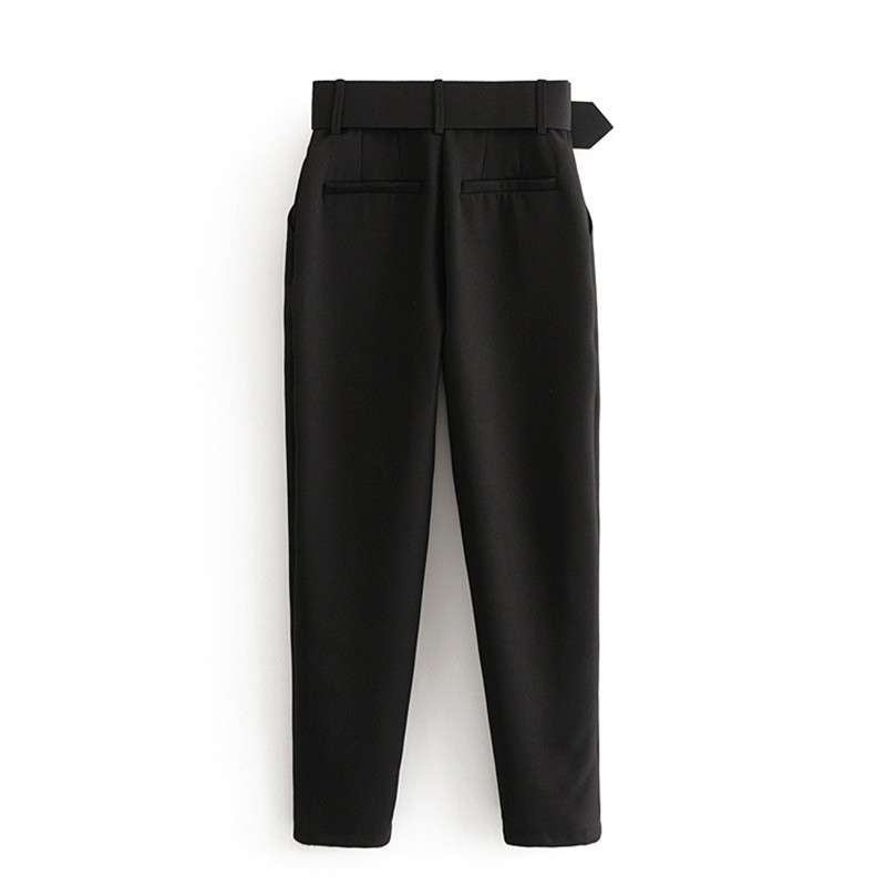 Office Lady Black Suit Pants with Belt Women High Waist Solid Long Trousers Fashion Pockets Pants Trousers Pantalones LY191202