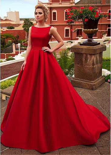 Chic Satin Bateau Neckline A-line Red Wedding Dress With Belt Bowknot Court Train Bridal Gowns Vestidos de novia