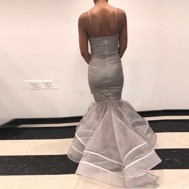 Sexy Gray Mermaid Prom Dresses Spaghetti Lace Appliques Satin Ruffles Plus Size Evening Gowns African robes de soirée Abendkleider