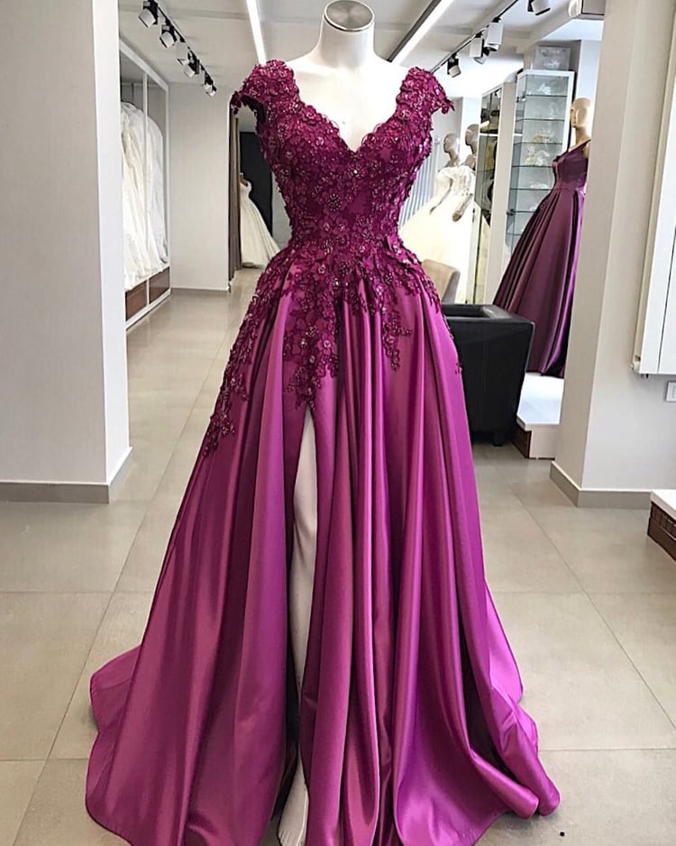 Real Pictures Purple Evening Dresses V Neck Satin Sweep Train High Side Split A Line Prom Dress Lace Appliqued Beads Formal Party Gowns