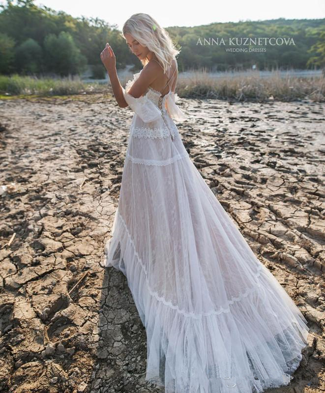 bohemian beach wedding dresses spaghetti lace up short sleeve boho chic bridal gowns plus size fairy vestido de novia