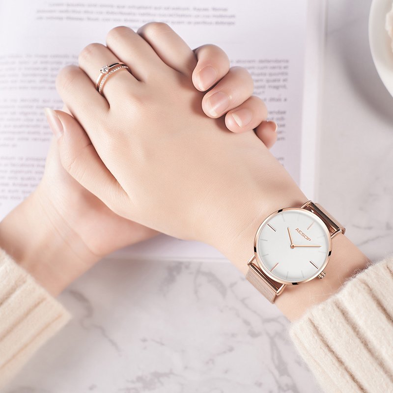 AESOP 7mm Ultra thin Women Ladies Quartz Women's Bracelet Watches Gold Mesh Steel Strap Woman Wrist Watch Luxury reloj mujer A CJ191217