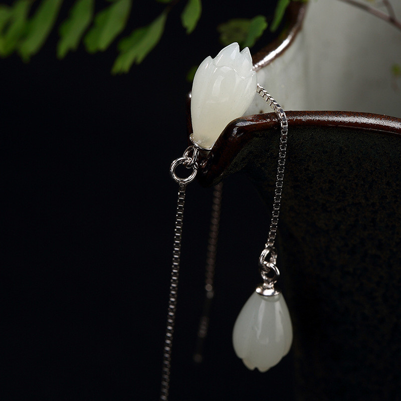 Authentic 925 Sterling Silver Drop Earrings For Women Girls Natural Handmade Long Chain Jade Flower Dangle Earring