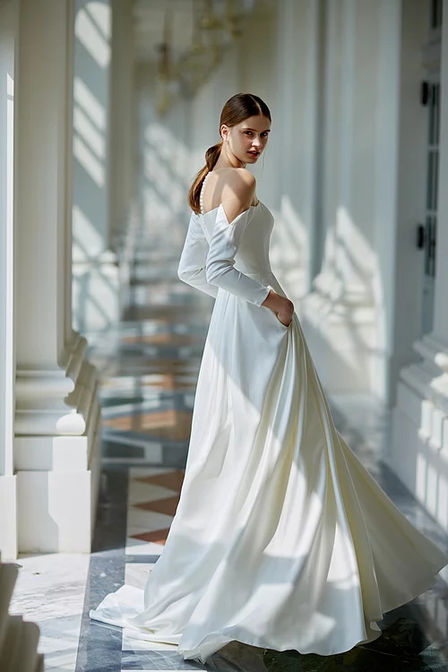 2019 Elegant Simple Wedding Dresses Off The Shoulder A Line Sweep Train Satin Long Sleeve Beach Wedding Dress Custom Made Bridal Gowns