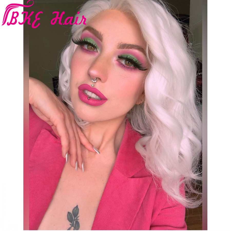 Free part celebrity style Short Wavy Hair Lace frontal Wigs with Baby Hair White bob Wig Lob Hair Synthetic Wig for white women