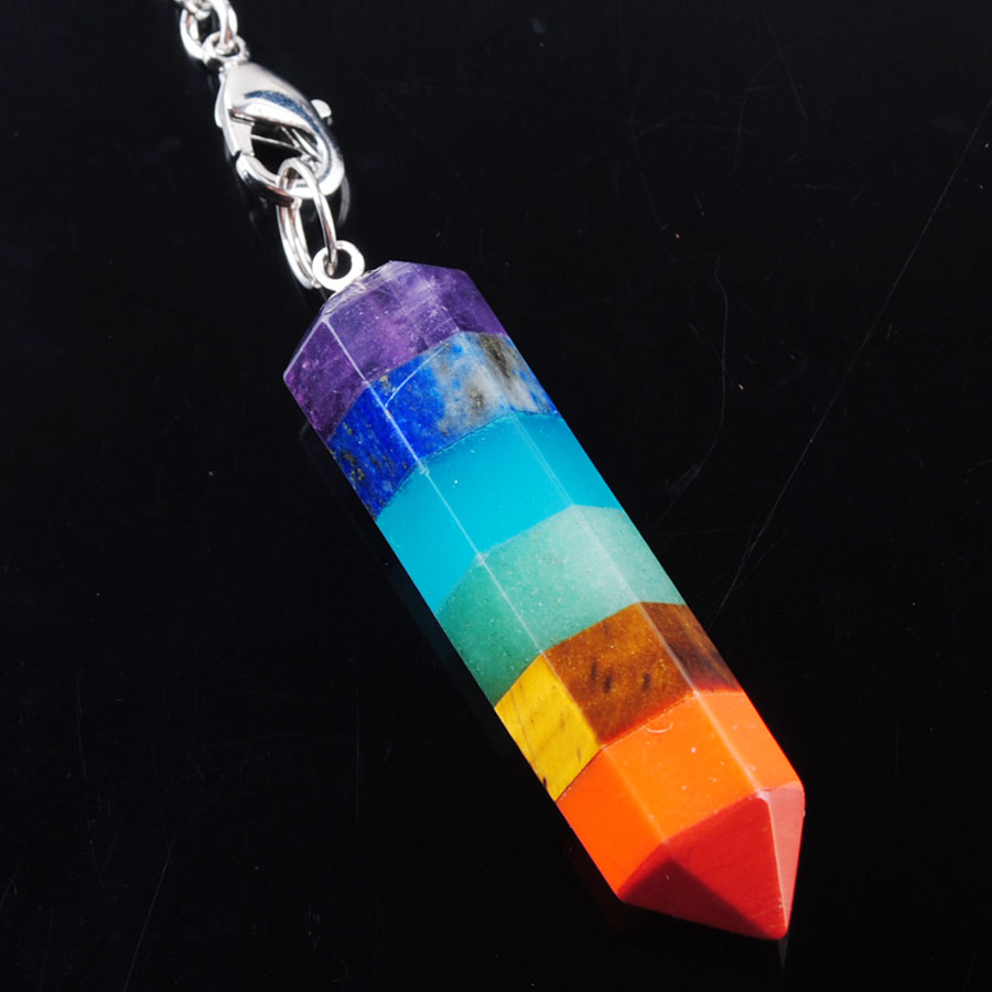 WOJIAER Rainbow 7 Chakra Layered Pendant Necklace Healing Dowsing Reiki Pendulum With Chain BN360