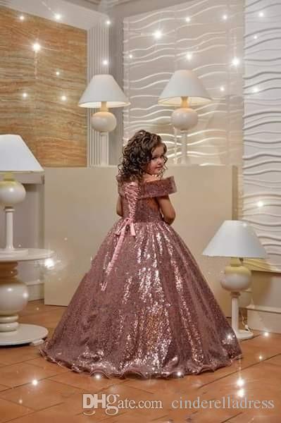 Cheap Bling Bling Rose Gold Ball Gown Girls Pageant Dresses Sequined Off shoulder Floor Length A Line Kid Prom Dress Flower Girls Dresses