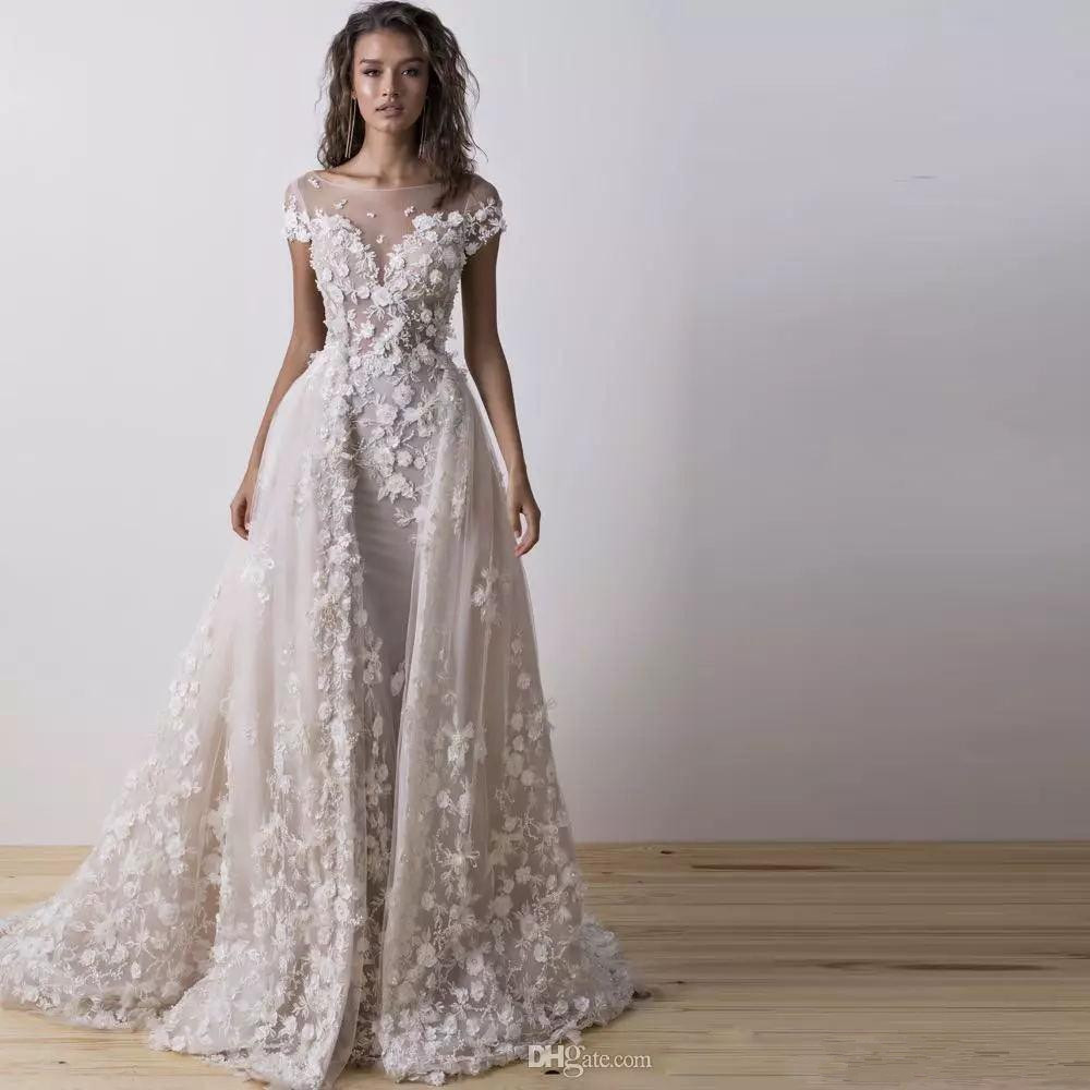 Chapel train Wedding Dresses With 3D Flower Beads Wedding Gown Scoop Neck Short Sleeve Backless Bridal Dress with overskirt Vestido De Novia