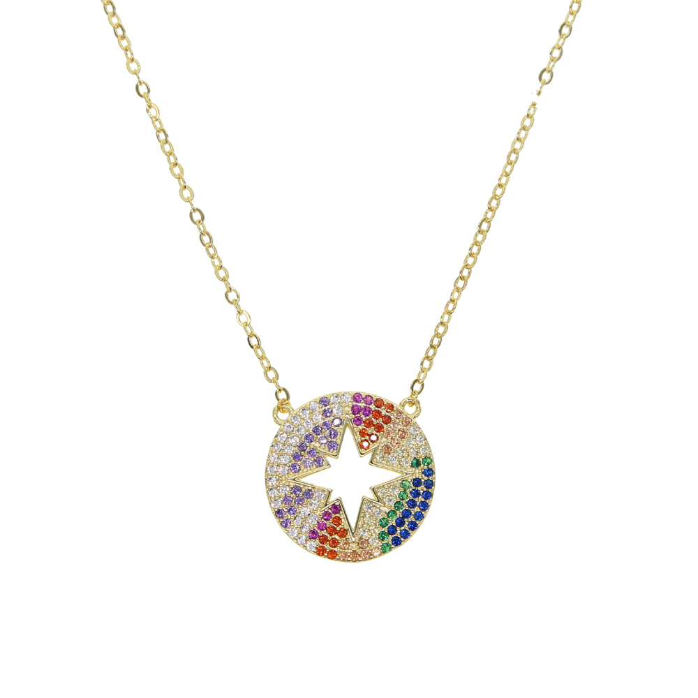 Gold plated high quality micro pave cz north star engraved rainbow colorful zirconia fashion women necklace