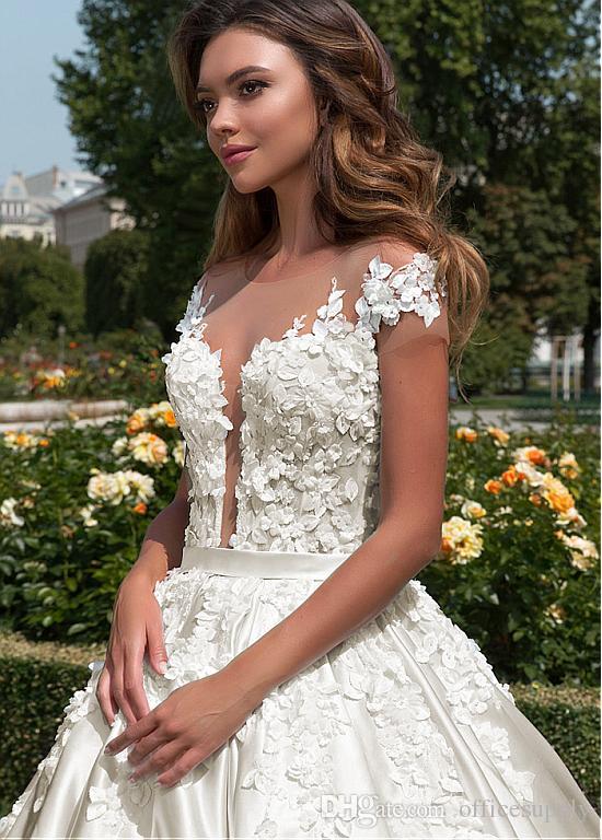 A-line Elegant Lace Dresses Cap Sleeves Appliques Beaded Handmade Flowers Court Train Wedding Dress Bridal Gowns Vestidos De Noiva