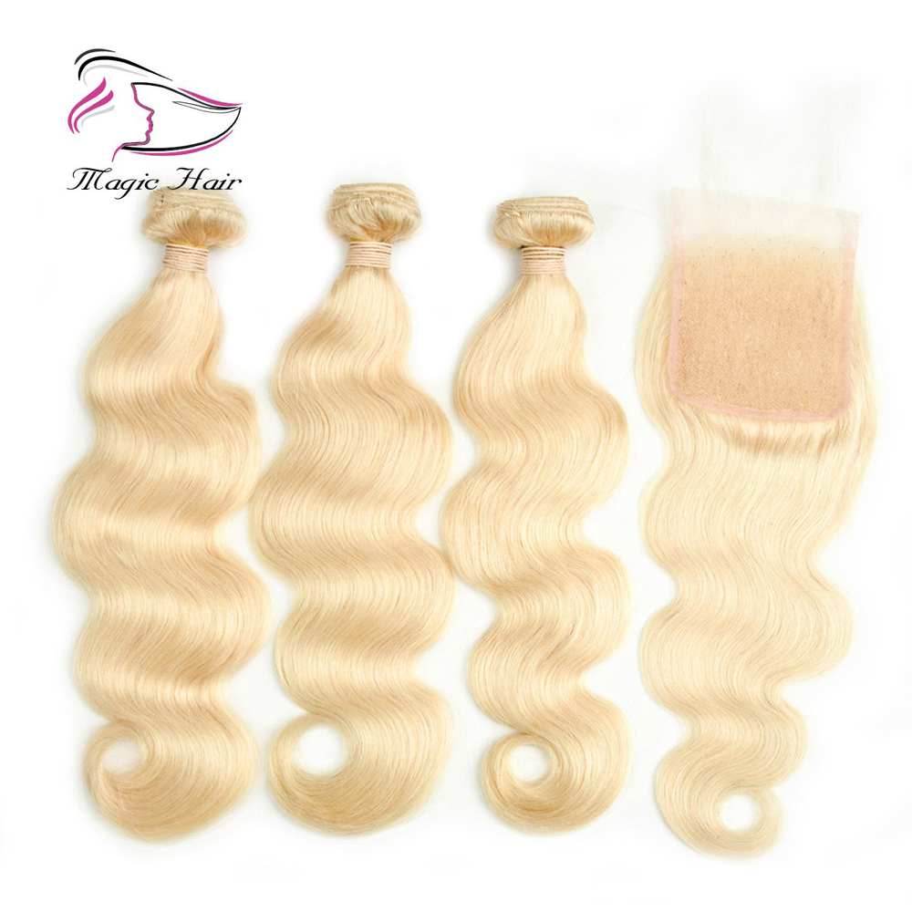 Evermagic 613#blond 3pieces Bundles With 1piece Closure Brazilian Hair Weave Body Wave Human Hair Extension 8-22inches