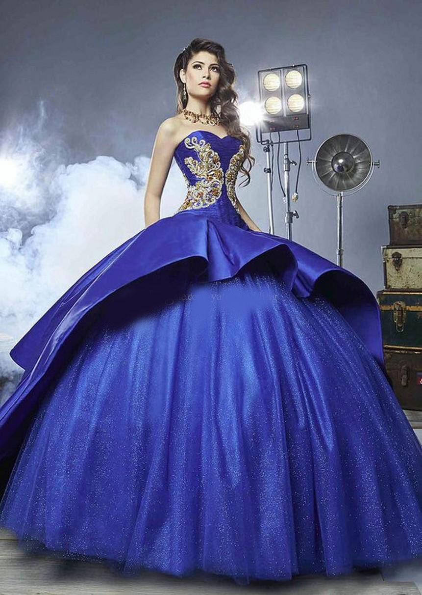 Royal Blue Ball Gown Quinceanera Dresses Sweetheart Embroidery Appliques Beading Gold Satin Tulle Luxury Sweet 16 Dresses Sweep Train