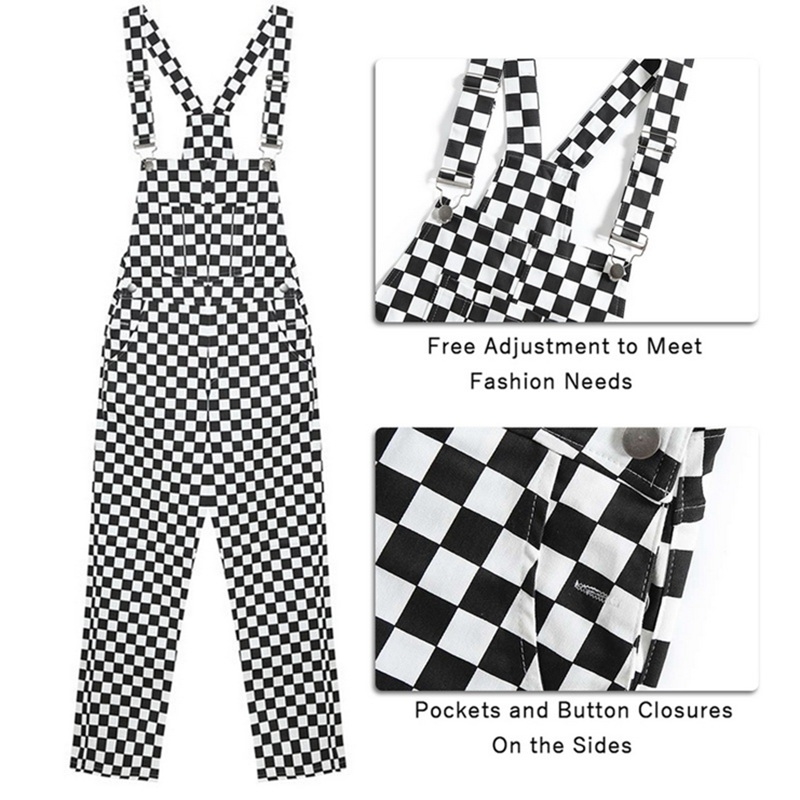 MONERFFI 2019 Retro Streetwear Hiphop Jumpsuit Plaid Print Overalls Women Harajuku Loose Bib Cargo Pants V191021