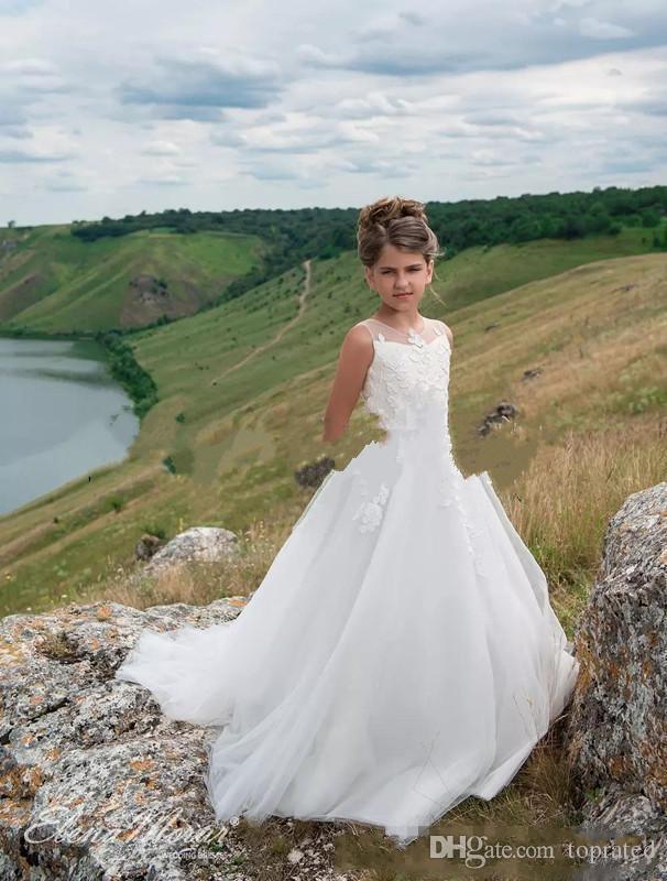 White Elegant Lovely Sheer Jewel Neck Lace Flower For Appliques A Line Little Girl Wedding Pageant Dresses