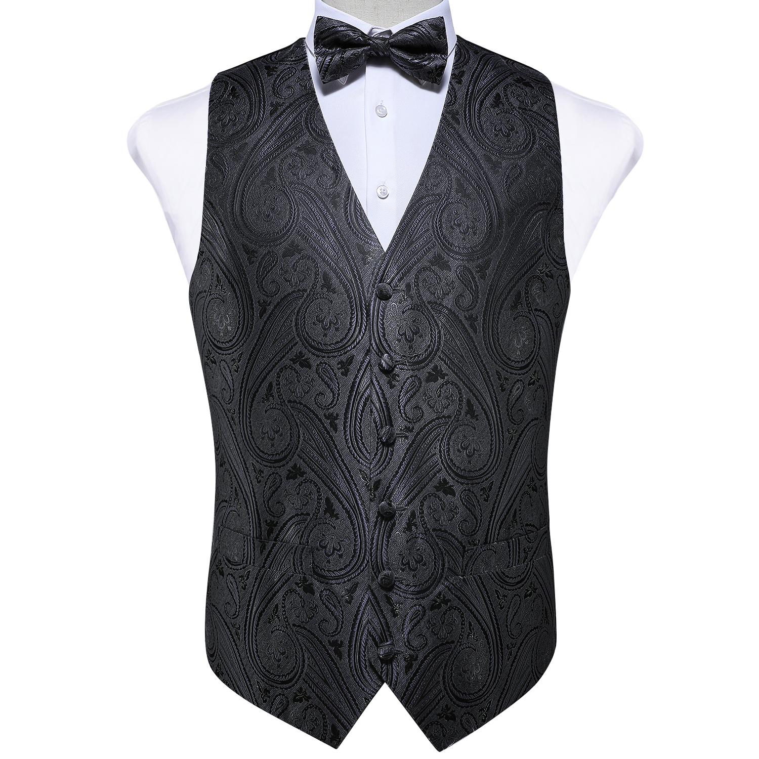 Stock in USA Men's Classic Black Paisley Silk Jacquard Waistcoat Vest Bow Tie Pocket Square Cufflinks Set Fashion Party Wedding MJ-0119, Black;white
Stock in USA Men's Classic Black Paisley Silk Jacquard Waistcoat Vest Bow Tie Pocket Square Cufflinks Set Fashion Party Wedding MJ-0119, Black;white