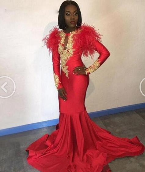 South African Feather Red Prom Dresses 2K19 Gold Lace Appliques Long Sleeves Mermaid Evening Gowns Sweep Train Satin Cocktail Party Dress