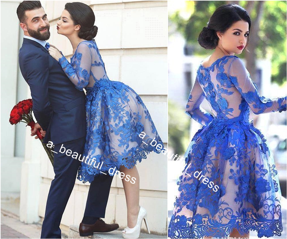 Mini Short Homecoming Party Prom Dresses New Sexy Royal Blue Long Sleeves Lace robe de Cocktail Custom Size
