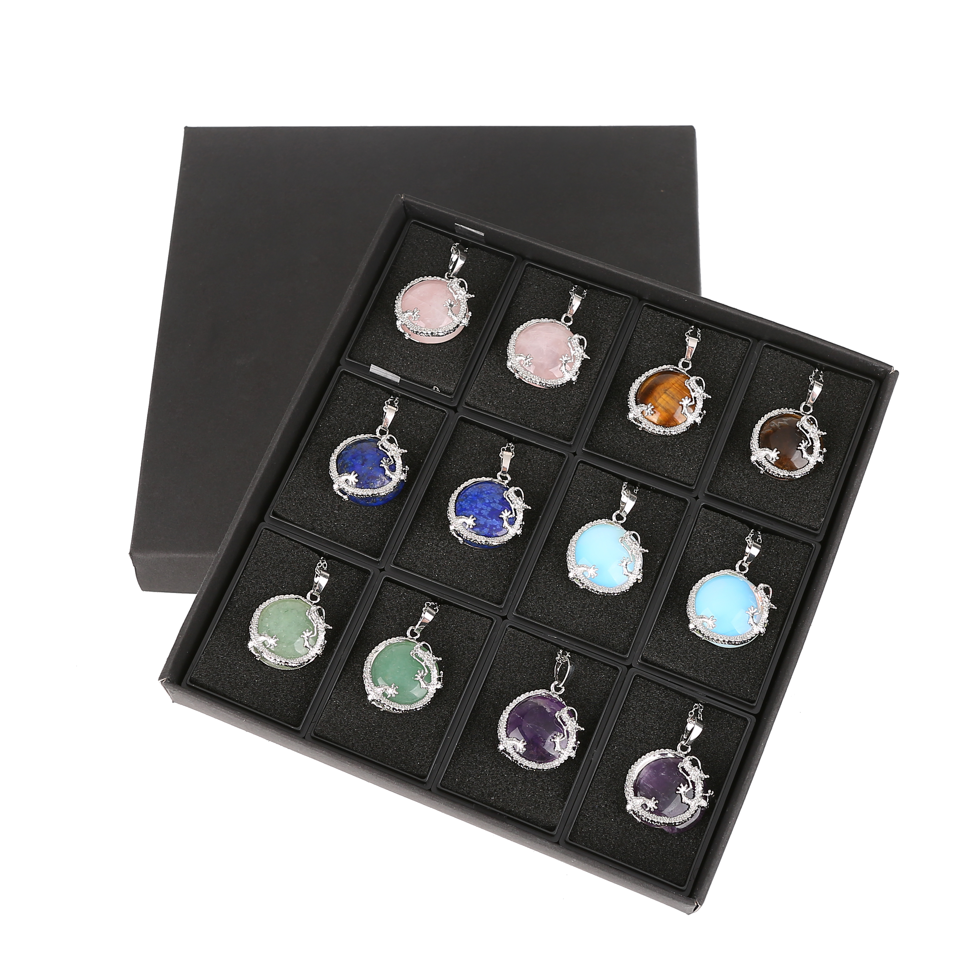 12 random stone alloy plate dragon gemstone pendant men and women necklace stainless steel gift box packaging Easter gift
