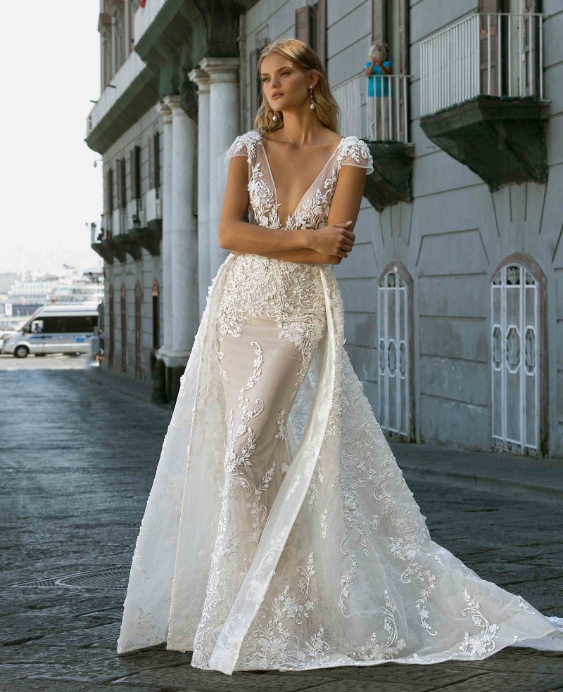 Mermaid Berta Lace Wedding Dresses With Detachable Train Deep V Neck D Appliqued Bridal Gowns Beaded Plus Size Tulle Robes De Mari E