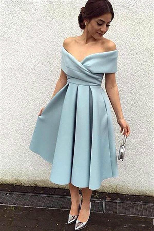 Fashion Off Shoulder Tea Length Mother of Bride Groom Dresses A Line Ruffles Homecoming Cocktail Party Dresses Bridesmaid Gowns 2020