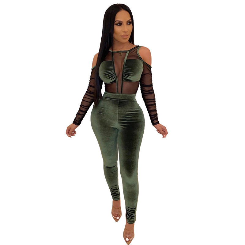 Adogirl Sheer Mesh Patchwork Velvet Jumpsuit Women Sexy Cold Shoulder Long Sleeve Skinny Romper Night Club Overalls Bodysuits T200107