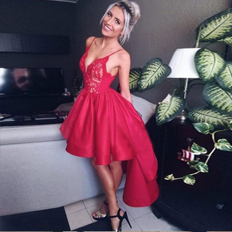 Sexy V Neck Ruffle Hi-Lo Party Gowns Formal Evening Dresses Homecoming Dress Sweet Spaghetti Red Lace and Satin Short Prom Dresses