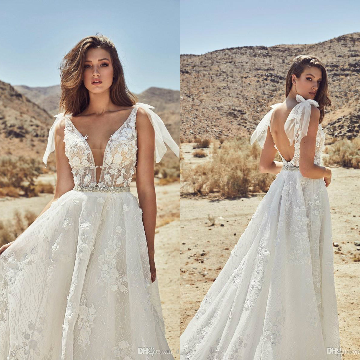 Calla Blanche 2020 Wedding Dresses V Neck Lace Boho Bridal Gowns Beaded Waist Backless A Line Princess Wedding Dress Plus Size