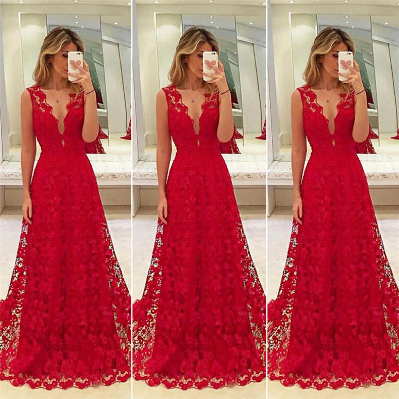 womens long formal lace dress red lace party gown evening party bridesmaid dresses new deep high low vneck maxi dress vestidos