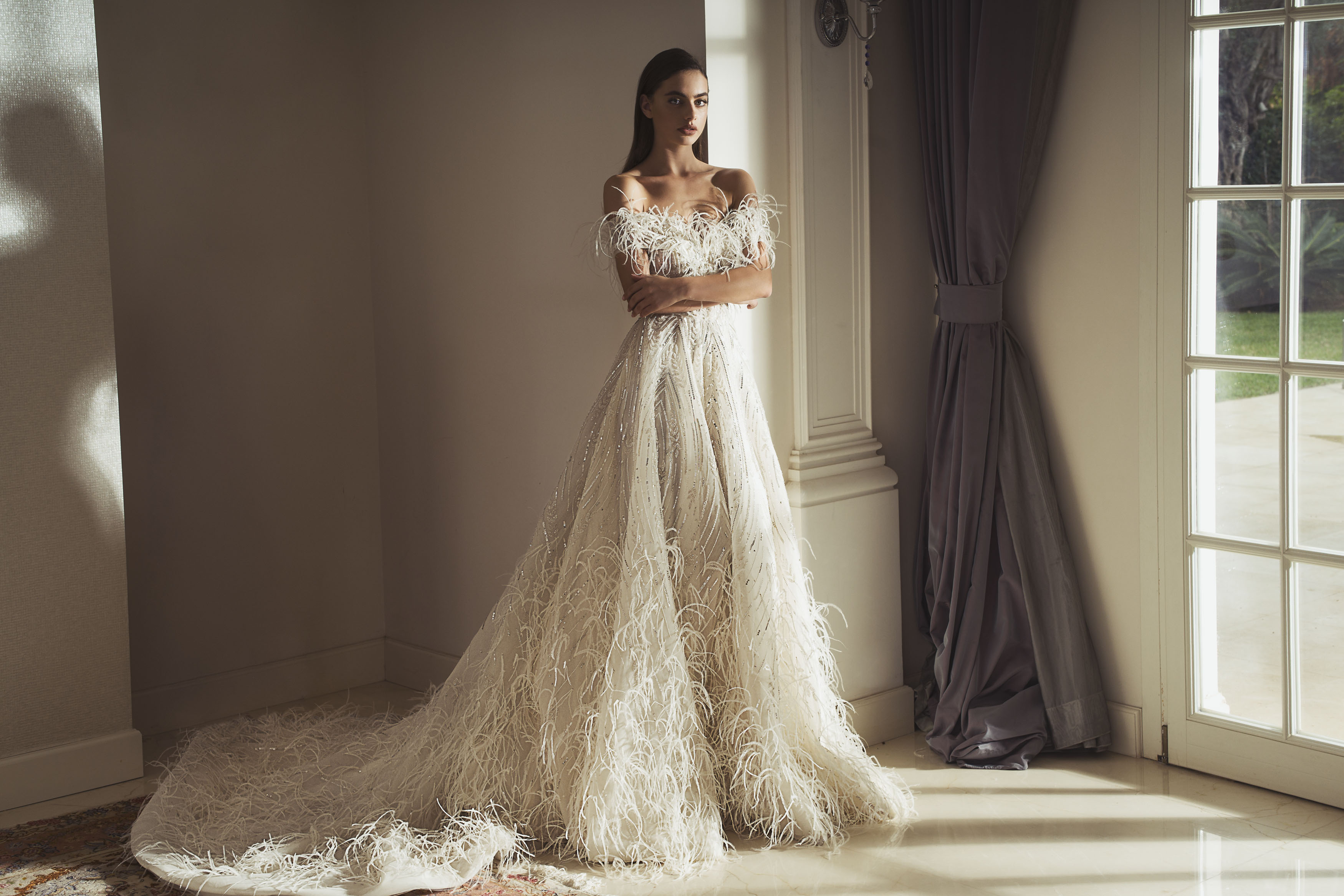 Idan Cohen Feather Dresses Off The Shoulder A e Sweep Train Sequins Bohemian Wedding Dress Custom Made Bridal Gowns