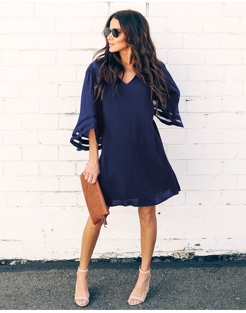 New Summer Women Fashion Elegant Geometric Gauze Tops Ladies Female Plus Large V-neck seven-quarter sleeve Dresses