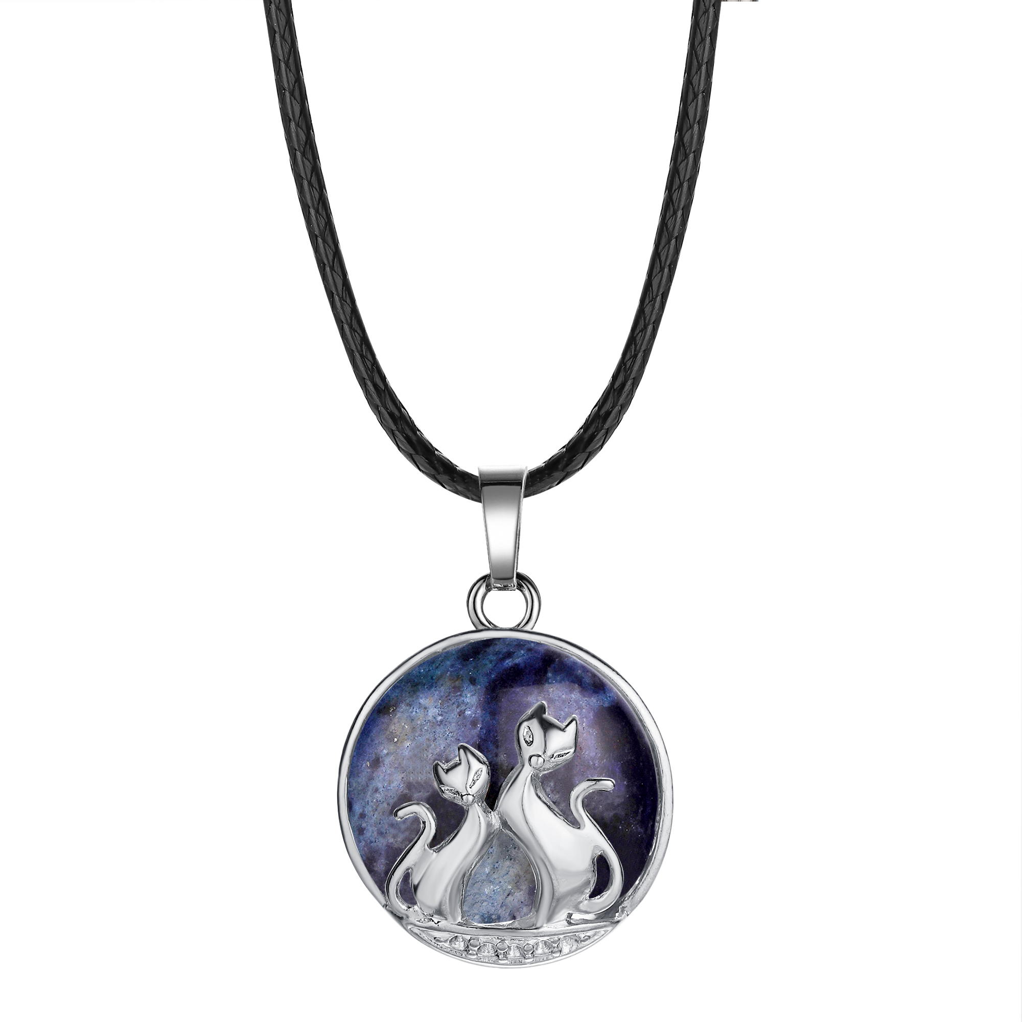 qimoshi Moon couple cat pendant men and women stainless steel healing natural stone round necklace 23x34MM12pcs (send leather rope)