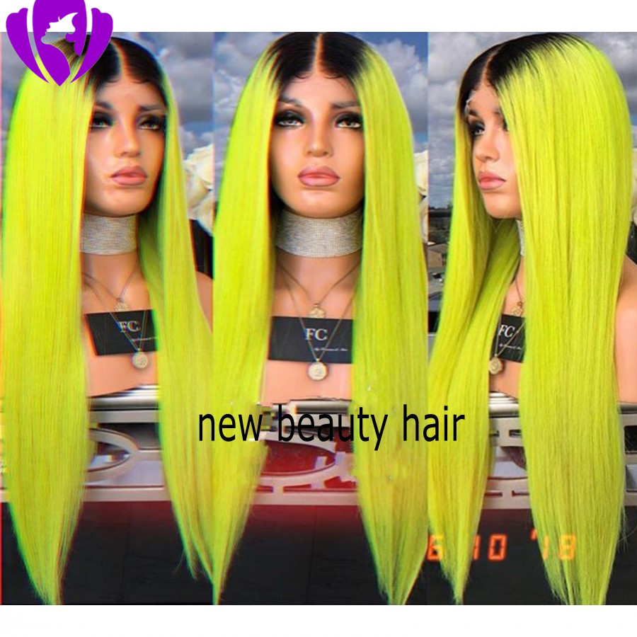 Straight Pre Plucked brazilian hair full Wigs With Baby Hair 13x4 Ombre green lace front wig synthetic for black/white women