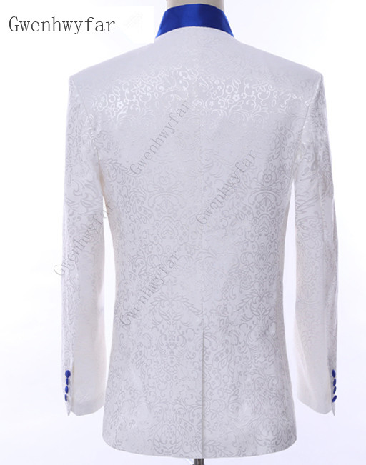 Gwenhwyfar White Royal Blue Rim Stage Clothing For Men Suit Set Mens Wedding Suits Costume Groom Tuxedo Formal Jacketpantsvest