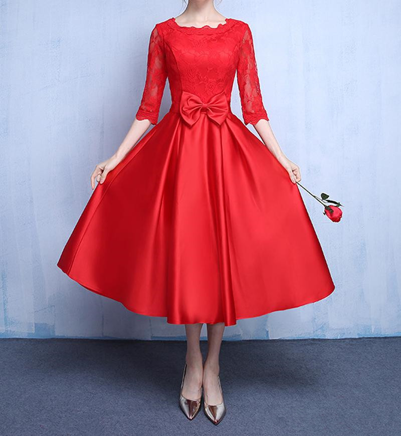 Elegant Satin With Lace Tea Length Mother Of The Bride Detachable Bow Wedding Party Half Sleeves Evening Dresses 138 0510