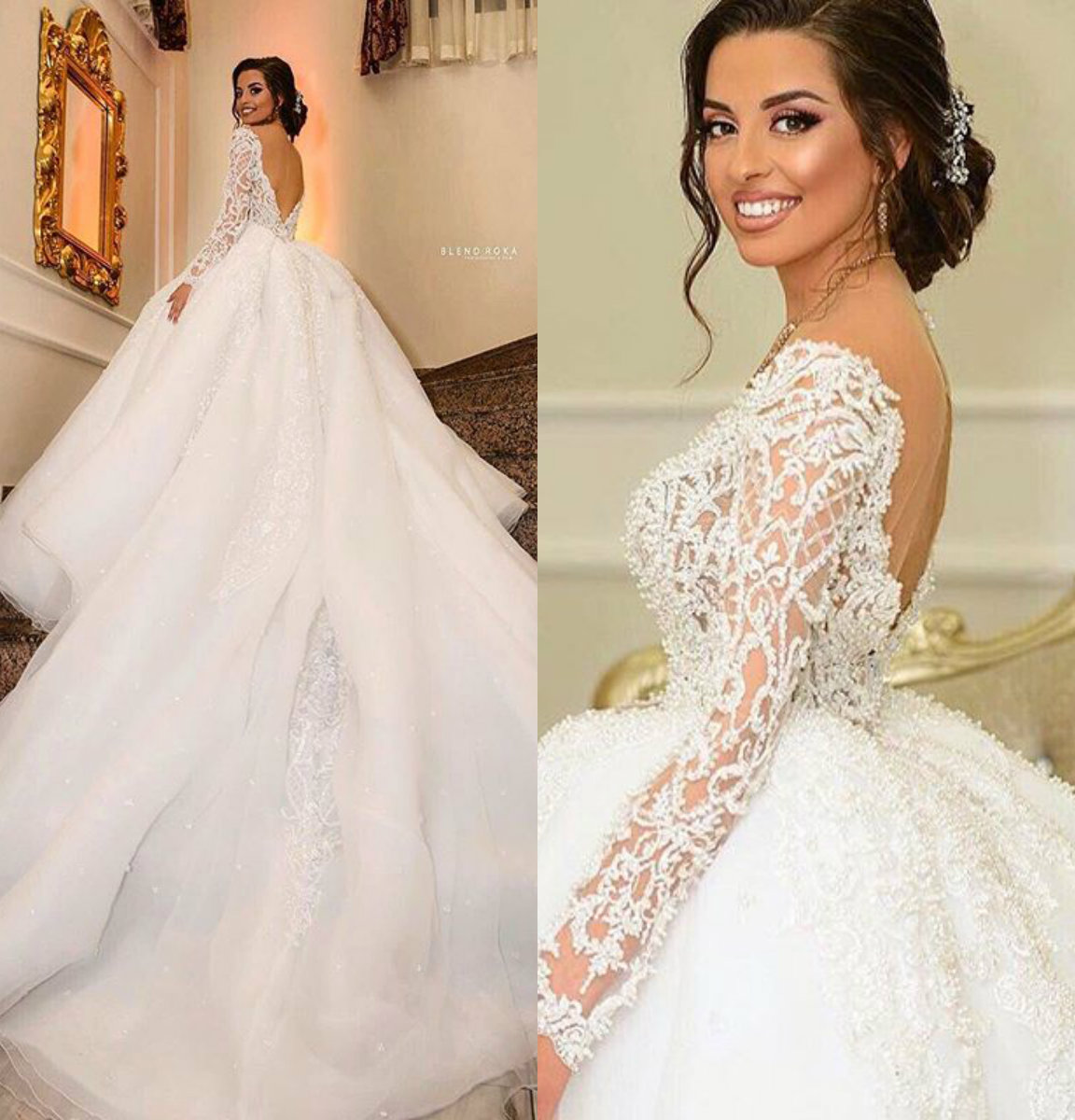 2020 New Arrival Wedding Gowns A Line V Neck Long Sleeve Plus Size Wedding Dresses Sweep Train Tulle Lace Applique Hollow Bridal Gowns