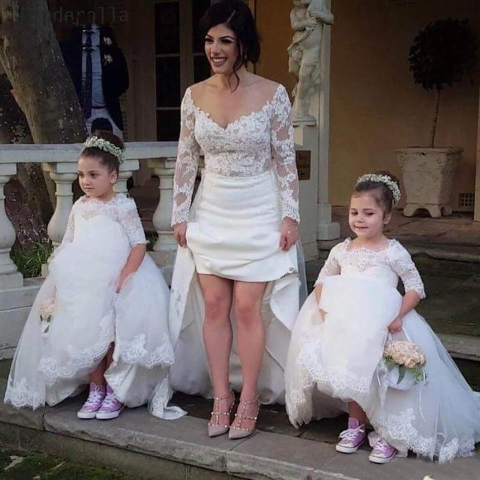 Ball Gown Lace Flower Girl Dresses Princess Half Sleeve Off Shoulder Birthday Wedding Party First Communion Gowns New Lovely