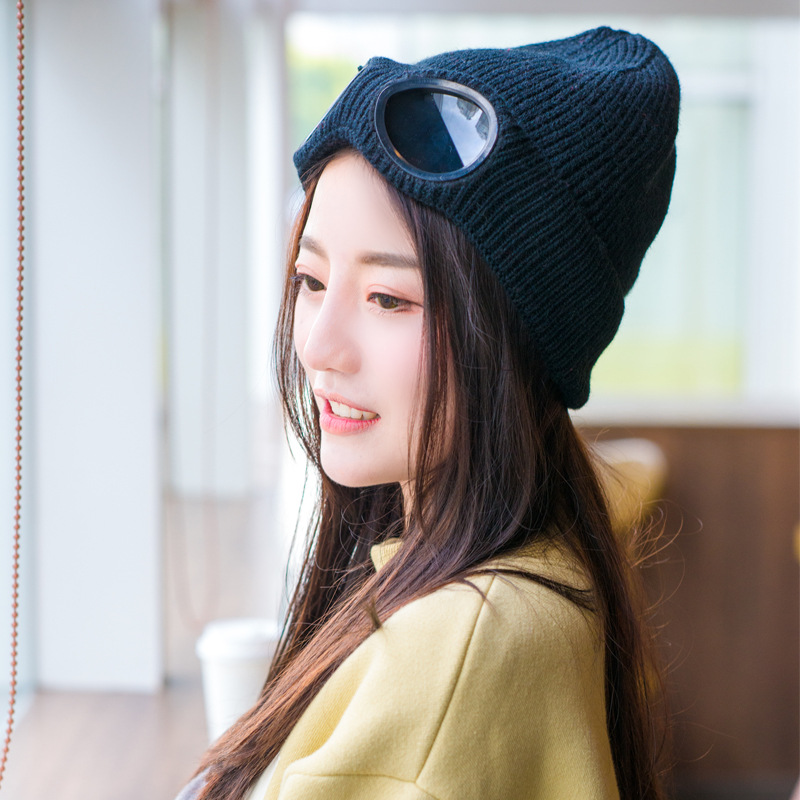 Women Men Double-use Thickened Hats Winter Warm Knitted Beanies Outdoor Ski Cap Sunglasses Accessories Adult Cap