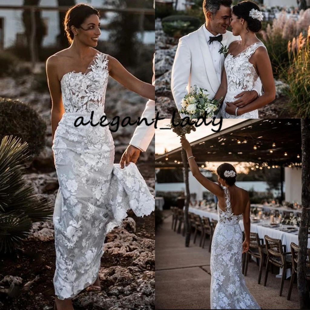 Bohemian Mermaid Wedding Dresses 2020 One Shoulder Lace Applique Floral Summer Holiday Country Beach Bride Dress vestido de no