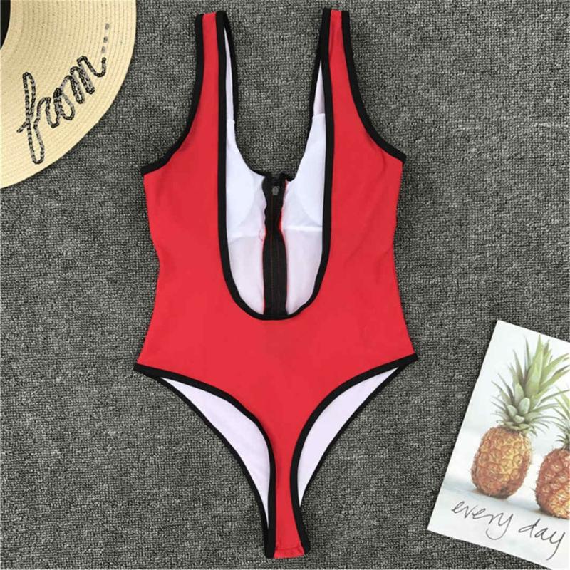New Sexy Red Zipper High Cut Leg Thong One Piece Swimsuit Women Swimwear Female 2019 Bather Bathing Suit Swim Monokini Lady V890