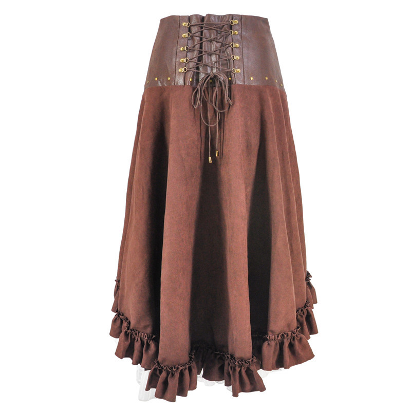 Women Victorian Brown & White Retro Victorian Gothic Vintage Steampunk Leather Adjustable Asymmetrical Ruffle Vintage Hi-lo Skirt Halloween