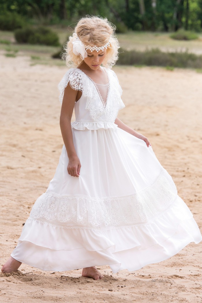 white bohemian flower girl dresses v neck lace kids formal wear girls pageant gowns backless appliqued girl dress
