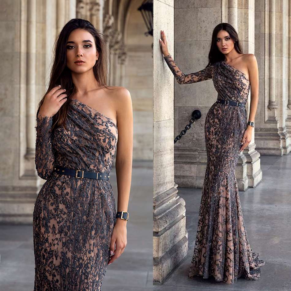 One Shoulder Mermaid Prom Dresses Oksana Mukha Illusion Long Sleeve Lace Applique Beaded Evening Dresses Luxury Custom Made Pageant Dress