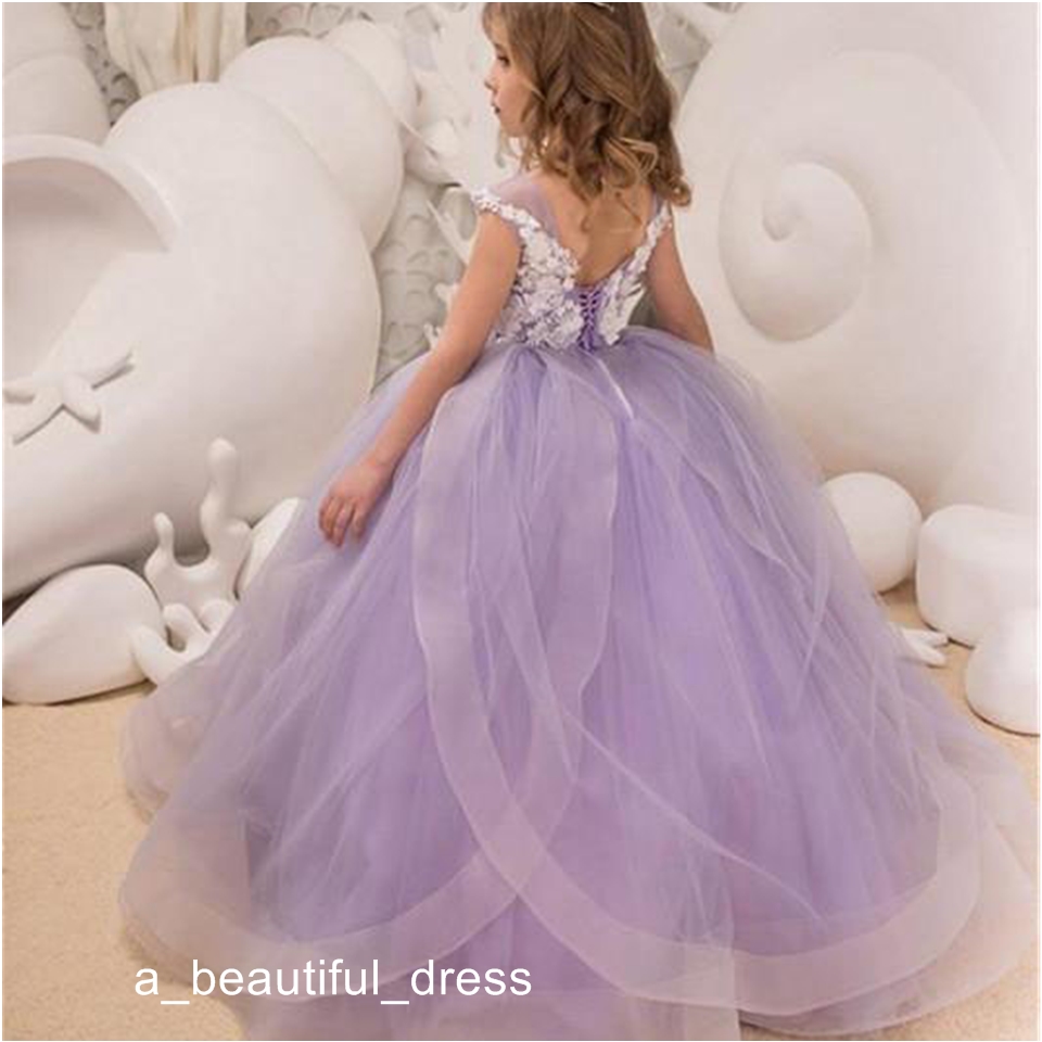 New Lilac Lavender Flower Girls Dresses For Weddings Cap Sleeves White Lace Appliques Ball Gown Birthday Girl Communion Pageant Gowns FG1338