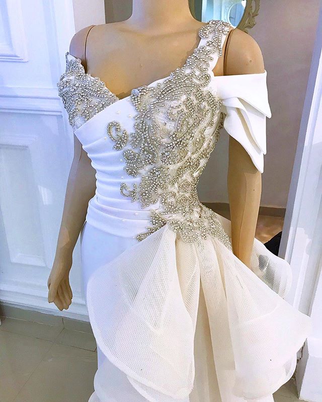 White Prom Jumpsuit with Crystal Detailing and Detachable Side Peplum Tail Off shoulder Mermaid Evening Gown Pant Suit