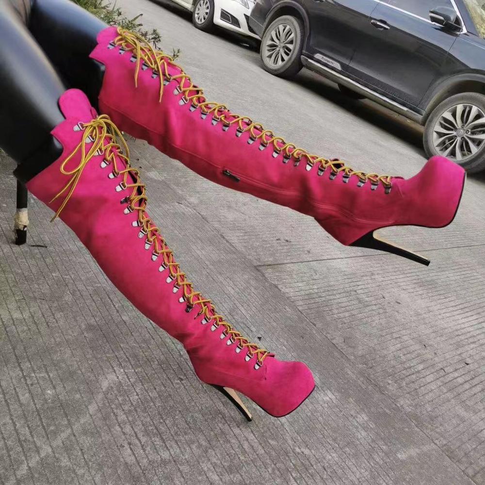 Rontic Handmade Women Platform Over The Knee Boots Thin High Heels Boots Round Toe Charm Red Party Shoes Women Plus US Size 5-20